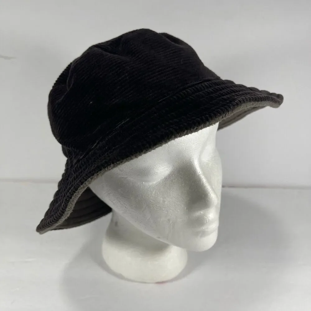 Vintage Corduroy Bucket Hat Fleece Lined Black Made in USA One Size Fisherman